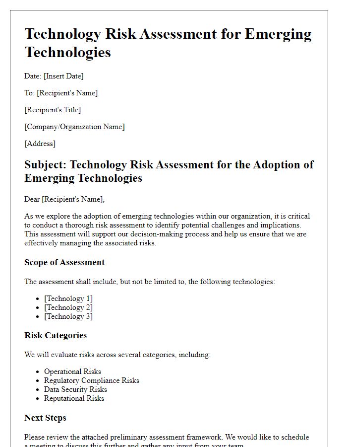 Letter template of technology risk assessment for emerging technologies adoption