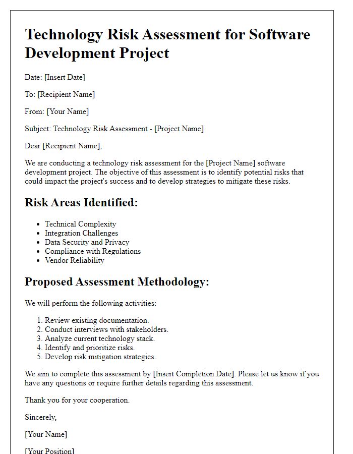 Letter template of technology risk assessment for software development projects