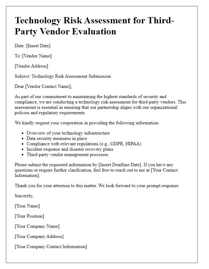 Letter template of technology risk assessment for third-party vendor evaluations