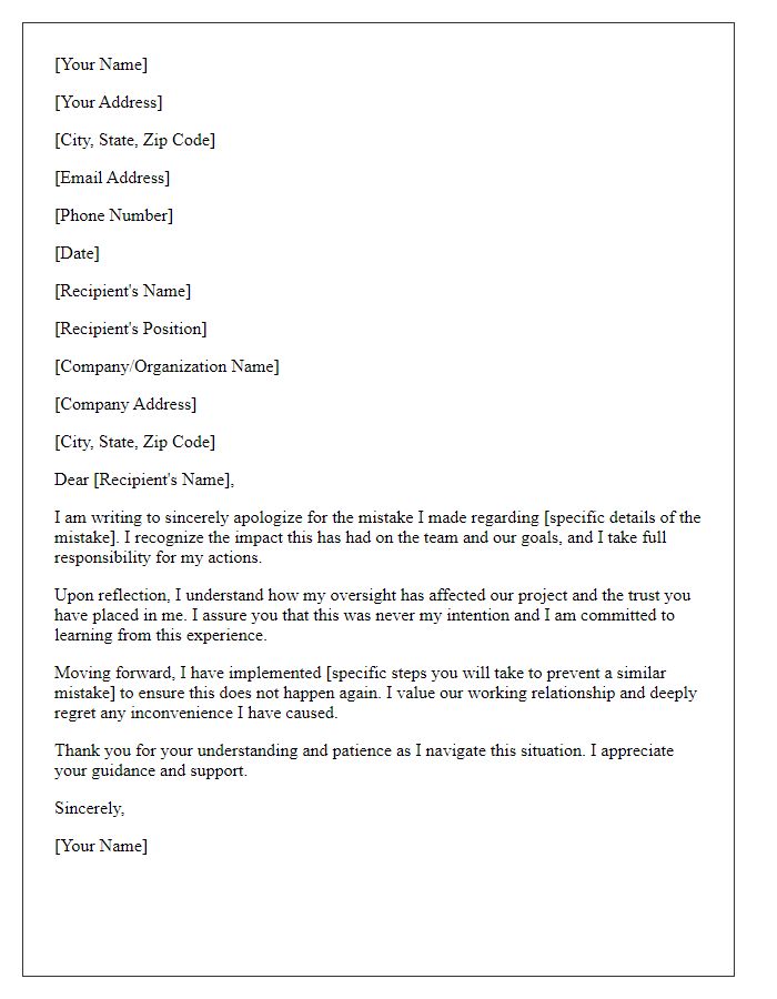 Letter template of contrition for a professional mistake.