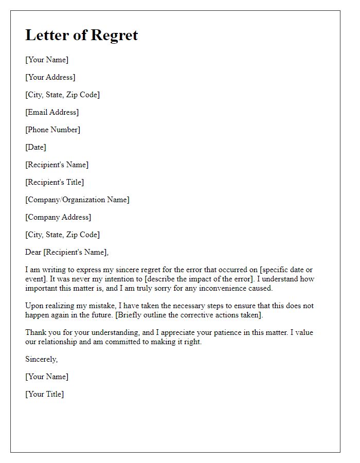 Letter template of regret for an error made.