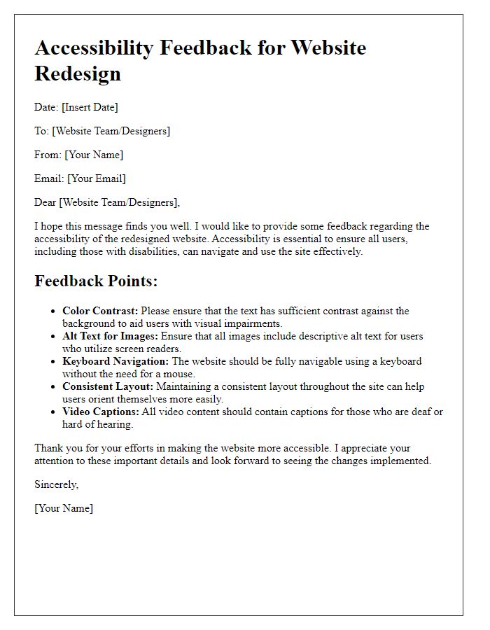 Letter template of accessibility feedback for website redesign.