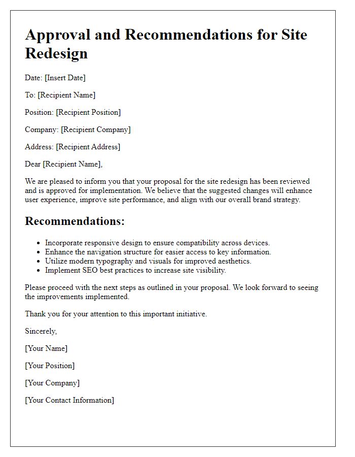 Letter template of approval and recommendations for site redesign.