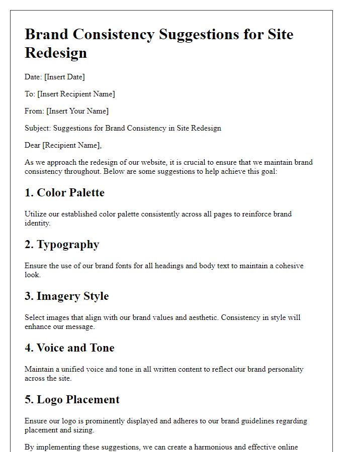 Letter template of brand consistency suggestions for site redesign.