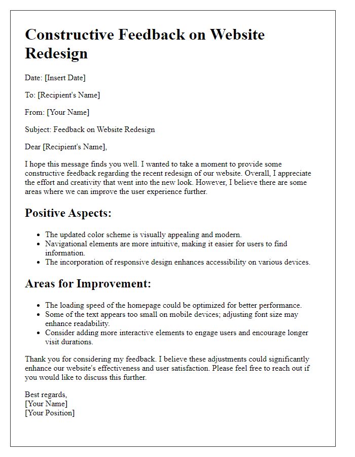 Letter template of constructive feedback for website redesign.