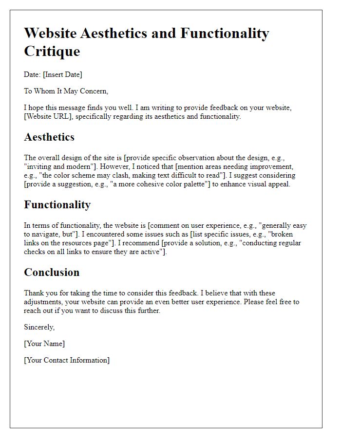 Letter template of critique on website aesthetics and functionality.