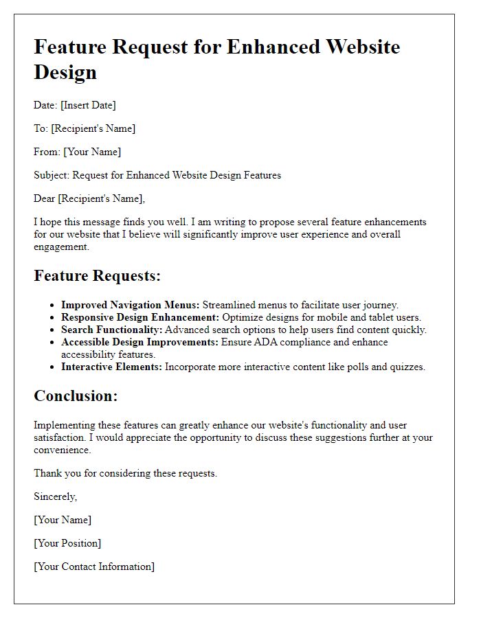 Letter template of feature requests for enhanced website design.