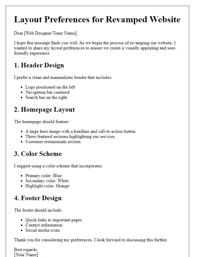 Letter template of layout preferences for revamped website.