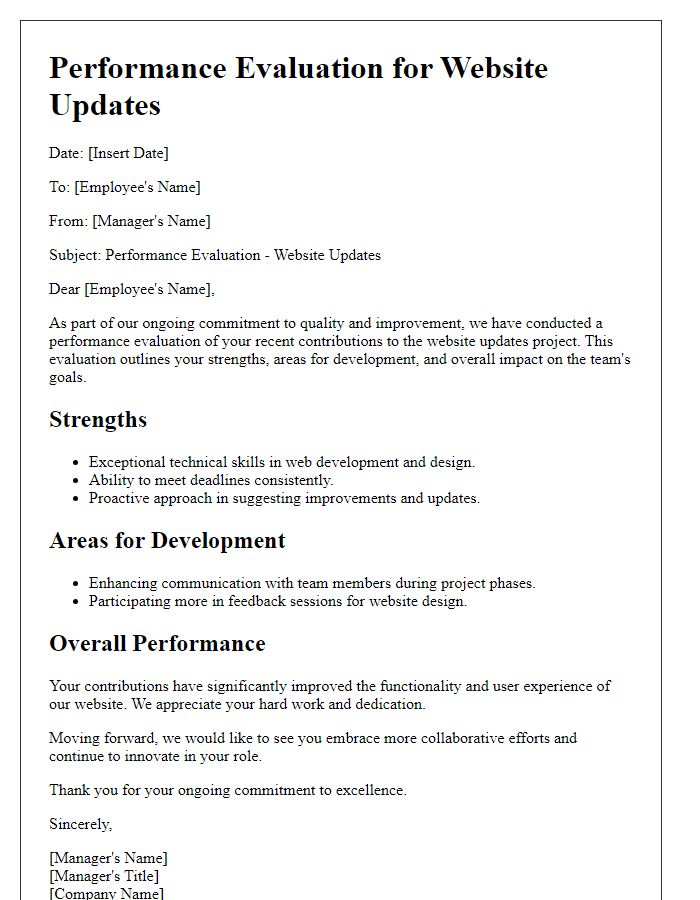 Letter template of performance evaluation for website updates.