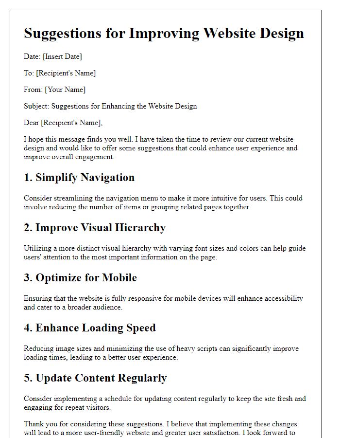 Letter template of suggestions for improving website design.