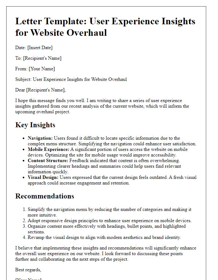 Letter template of user experience insights for website overhaul.