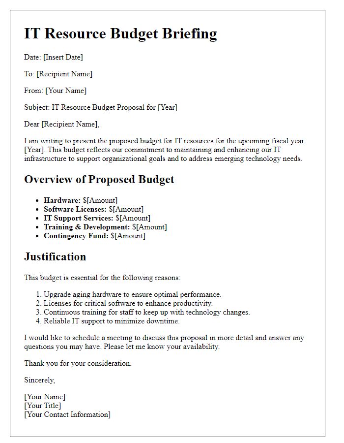 Letter template of IT resource budget briefing