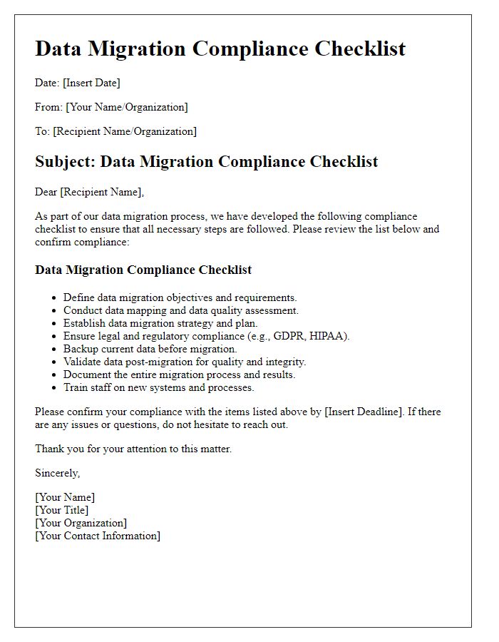 Letter template of data migration compliance checklist