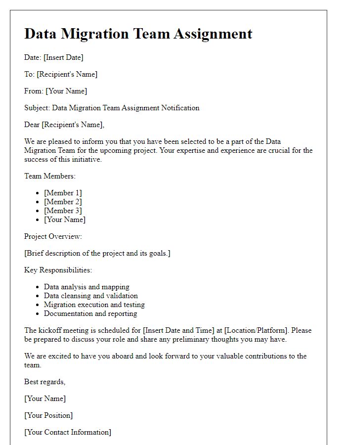 Letter template of data migration team assignment