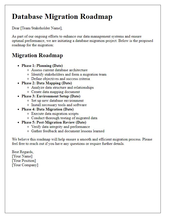 Letter template of database migration roadmap