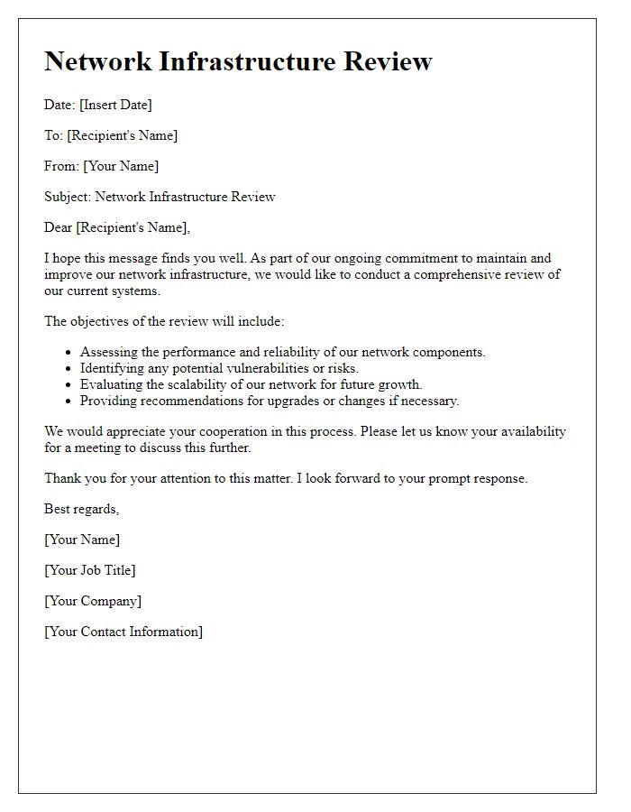 Letter template of network infrastructure review