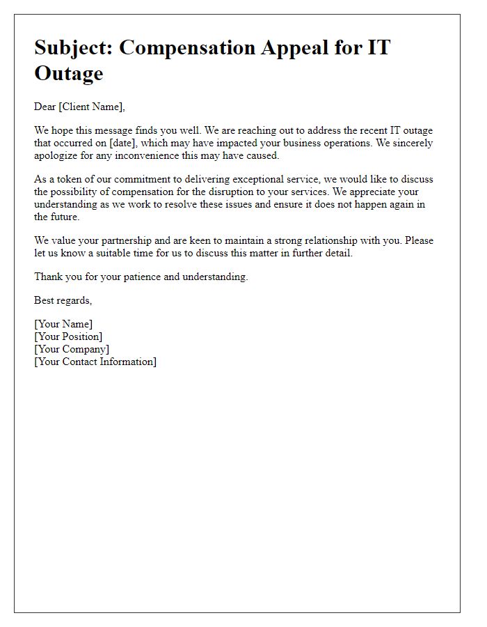 Letter template of IT outage compensation appeal for business clients.