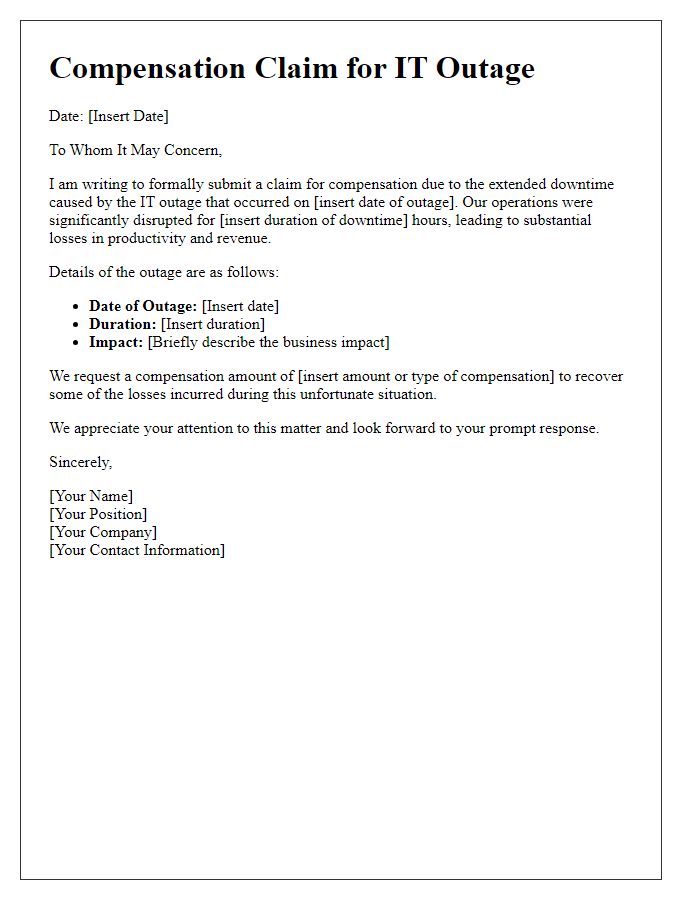 Letter template of IT outage compensation claim for extended downtime.
