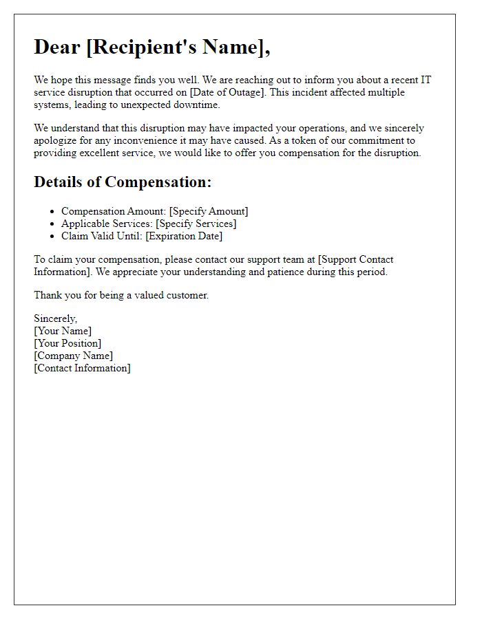 Letter template of IT outage compensation due to service disruption.