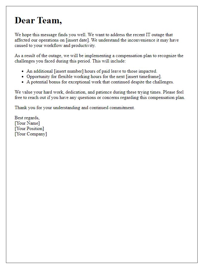 Letter template of IT outage compensation explanation for team members.