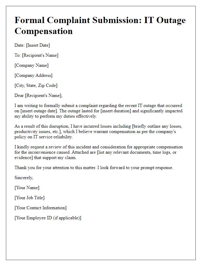 Letter template of IT outage compensation formal complaint submission.