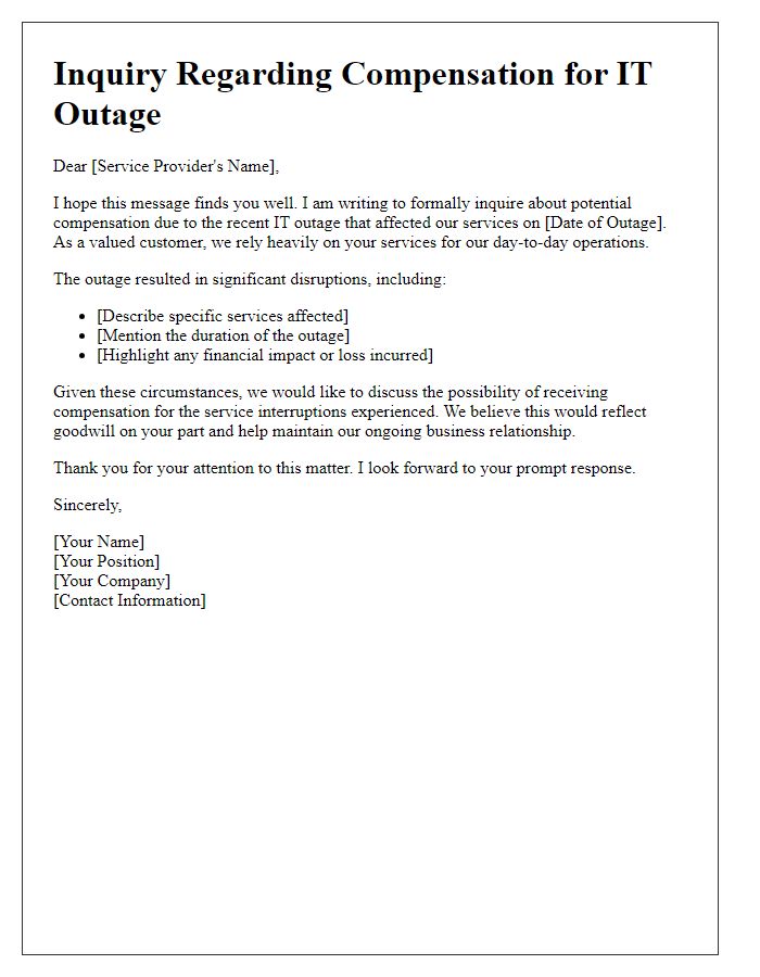 Letter template of IT outage compensation inquiry for affected services.