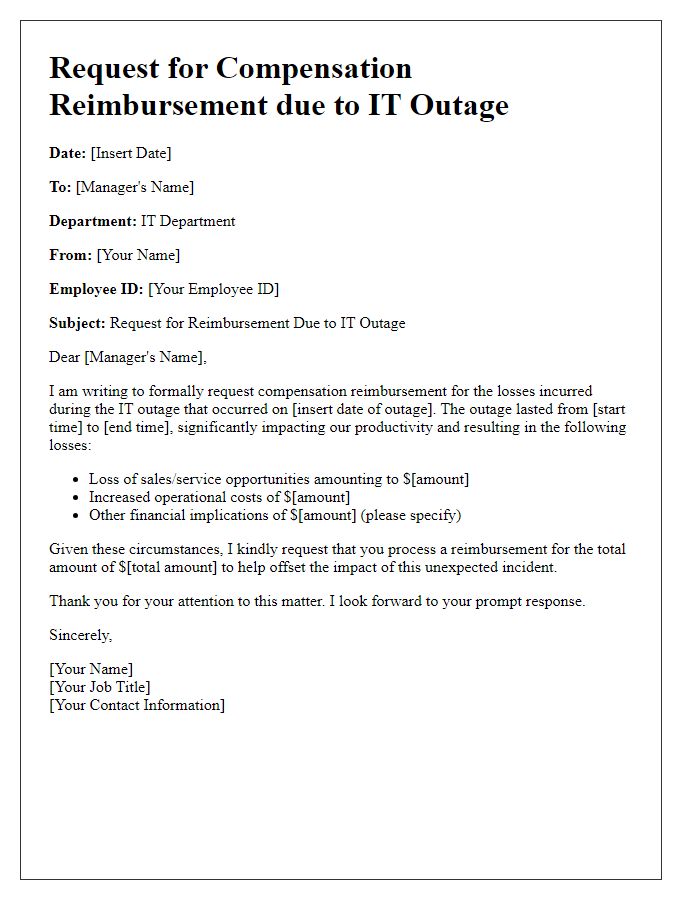 Letter template of IT outage compensation reimbursement request.