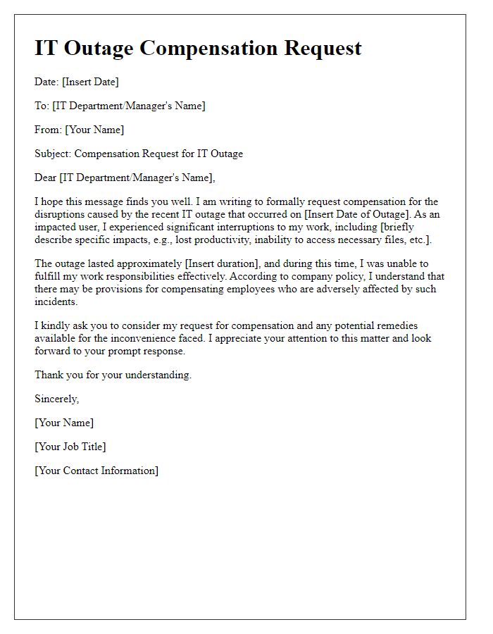 Letter template of IT outage compensation request for impacted users.