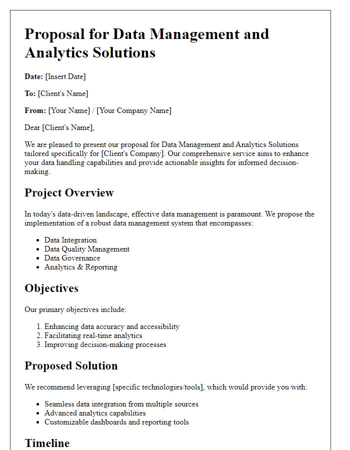 Letter template of IT solution proposal for data management and analytics solutions.