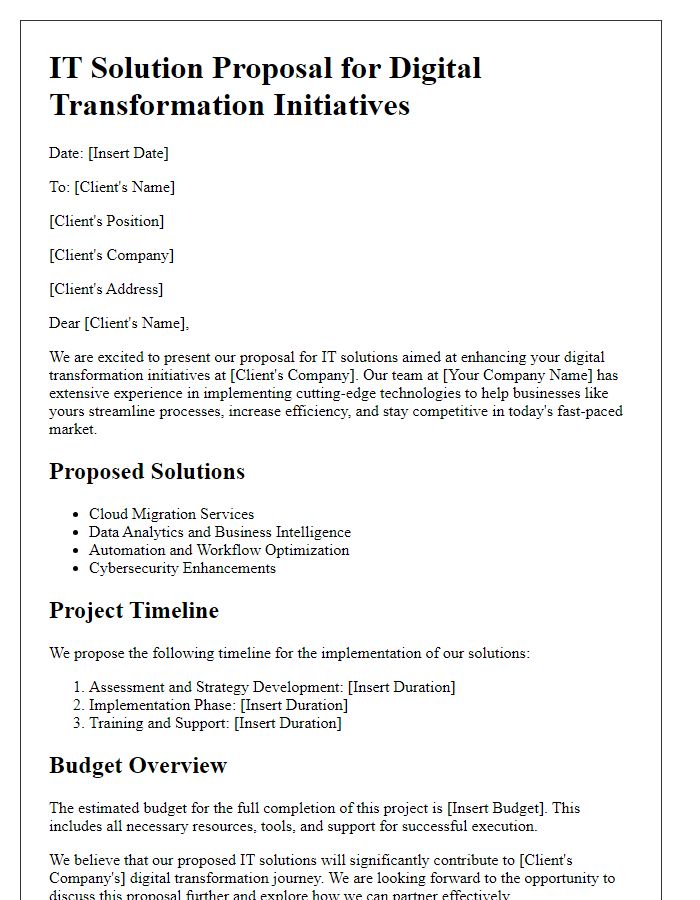 Letter template of IT solution proposal for digital transformation initiatives.