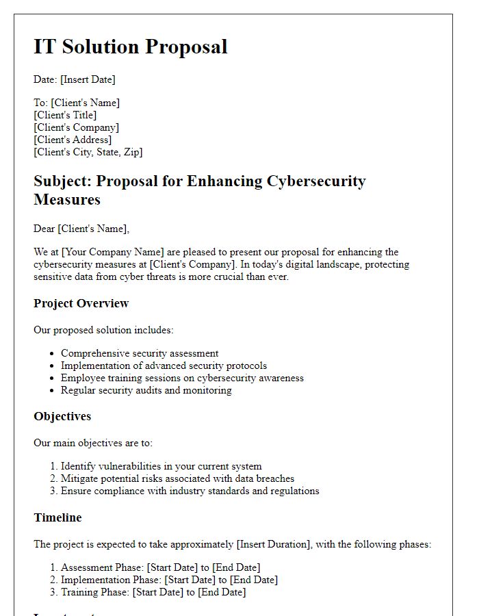 Letter template of IT solution proposal for enhancing cybersecurity measures.