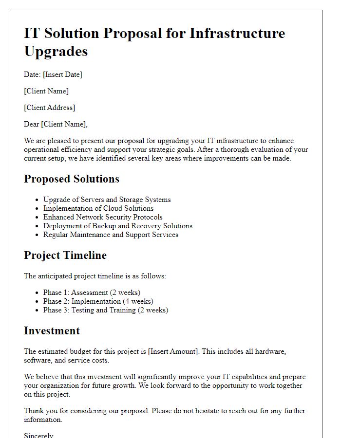 Letter template of IT solution proposal for IT infrastructure upgrades.