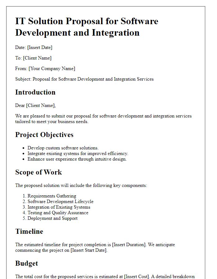 Letter template of IT solution proposal for software development and integration.