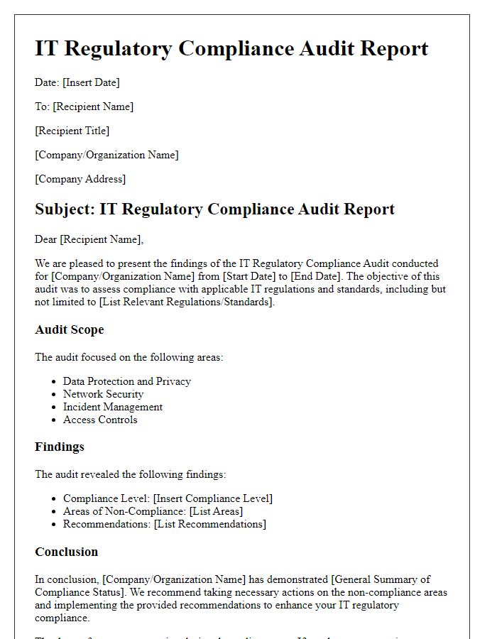 Letter template of IT regulatory compliance audit report.