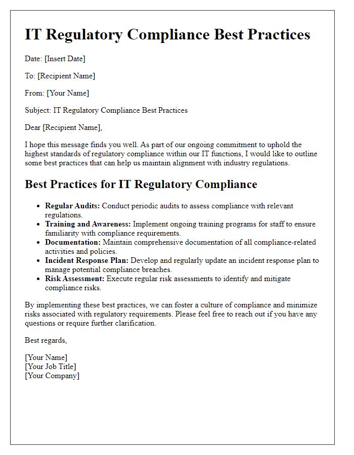 Letter template of IT regulatory compliance best practices.