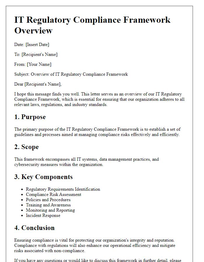 Letter template of IT regulatory compliance framework overview.