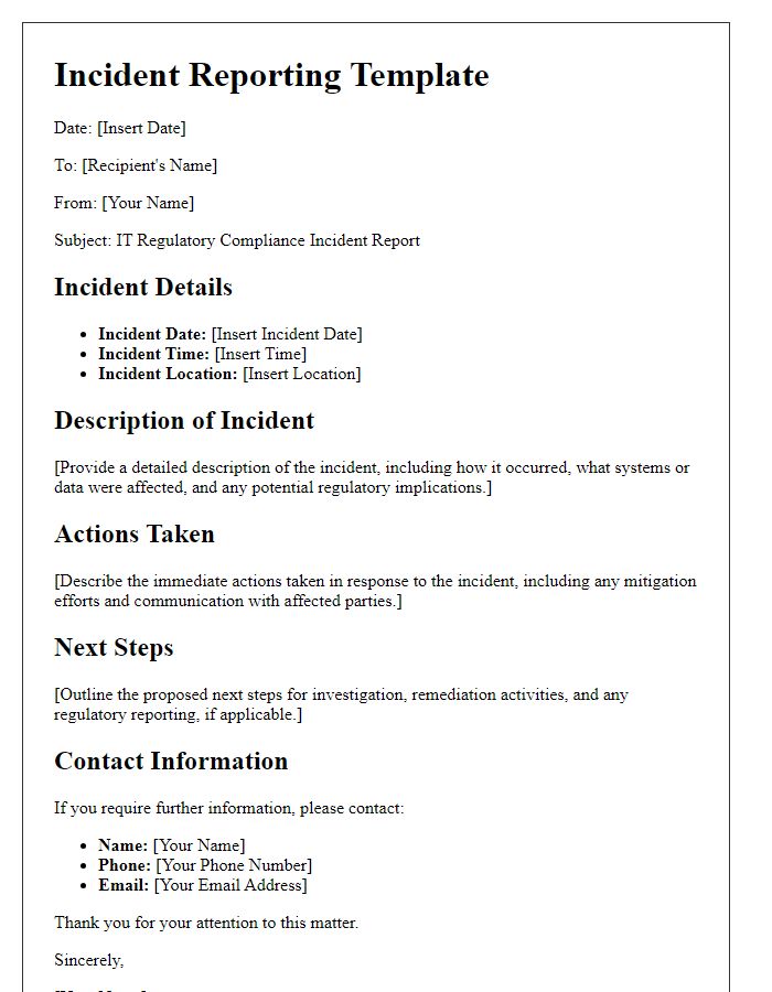 Letter template of IT regulatory compliance incident reporting.