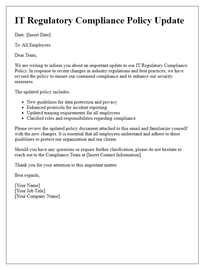 Letter template of IT regulatory compliance policy update.