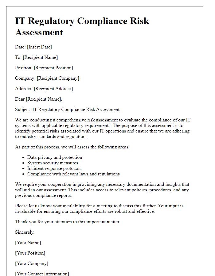 Letter template of IT regulatory compliance risk assessment.