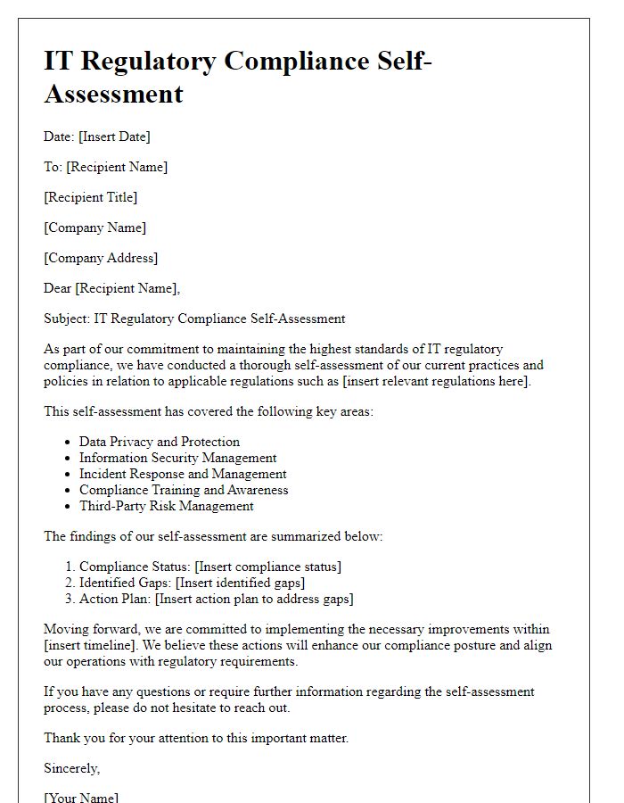 Letter template of IT regulatory compliance self-assessment.