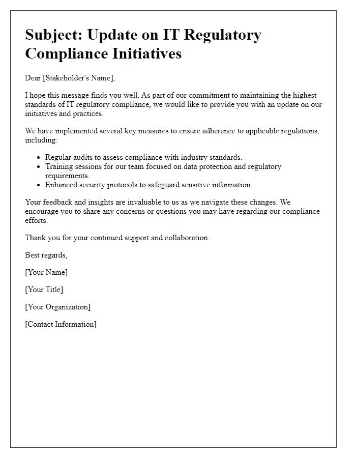 Letter template of IT regulatory compliance stakeholder communication.