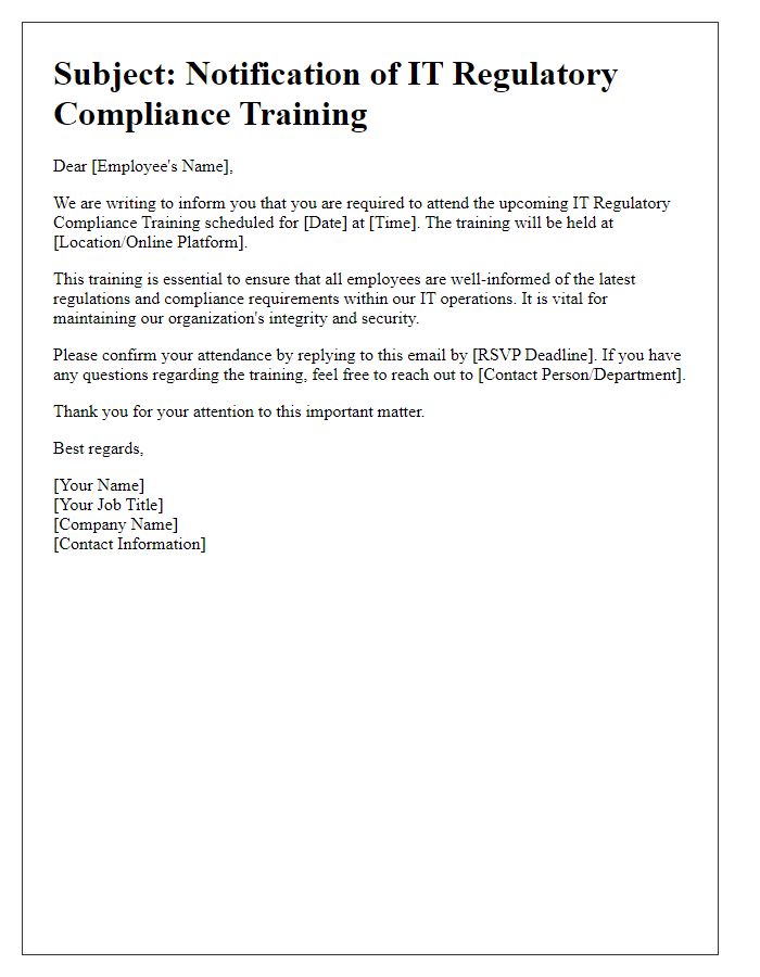 Letter template of IT regulatory compliance training notification.