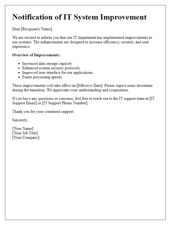 Letter template of IT system improvement notification