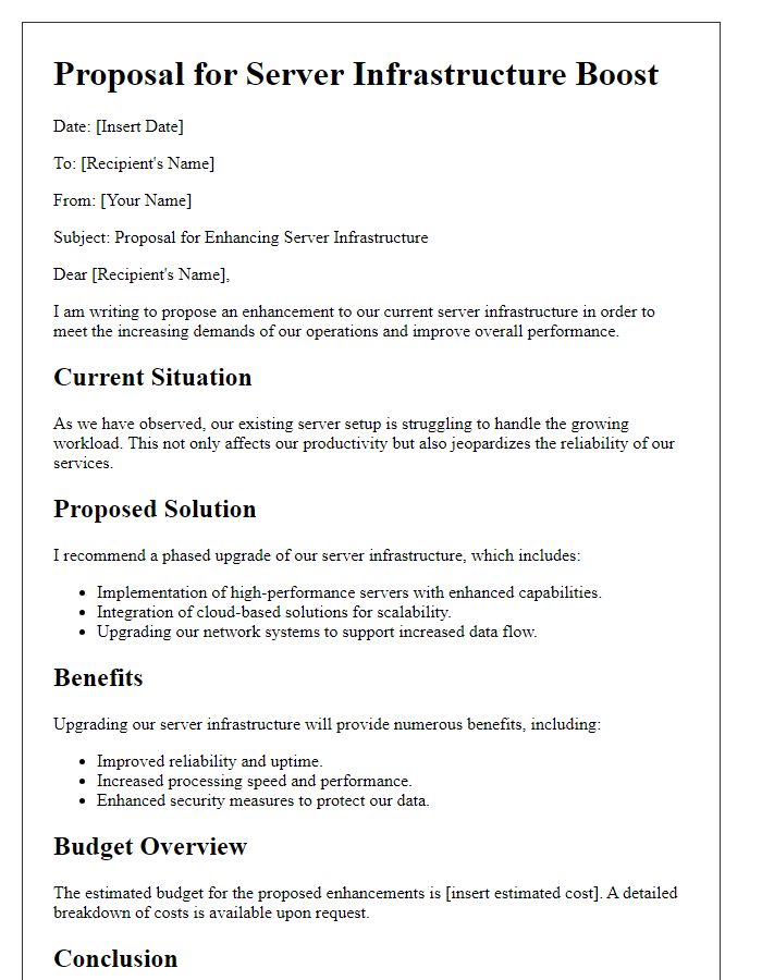 Letter template of proposal for server infrastructure boost