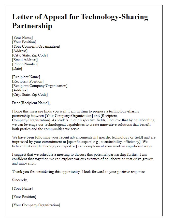 Letter template of appeal for technology-sharing partnership.