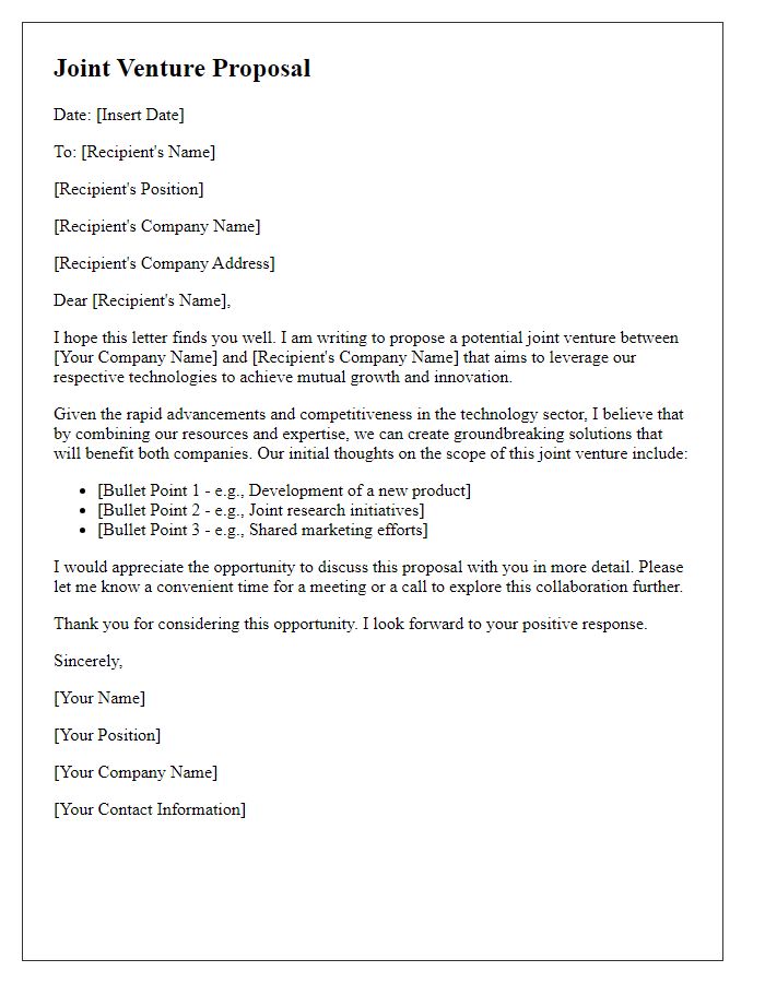 Letter template of correspondence for technology joint venture.