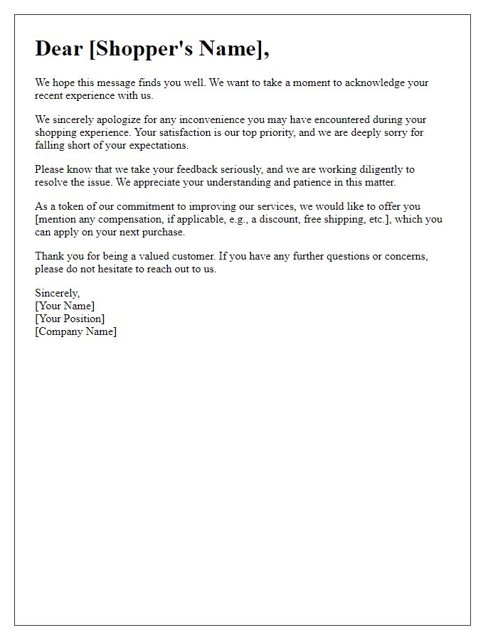 Letter template of acknowledgement and apology to a shopper