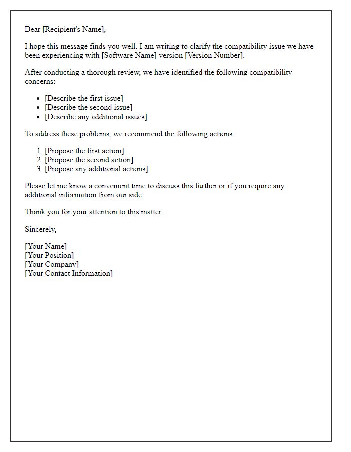 Letter template of software compatibility issue clarification