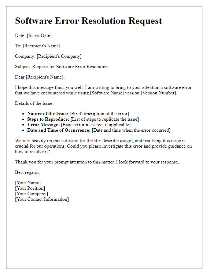 Letter template of software error resolution request