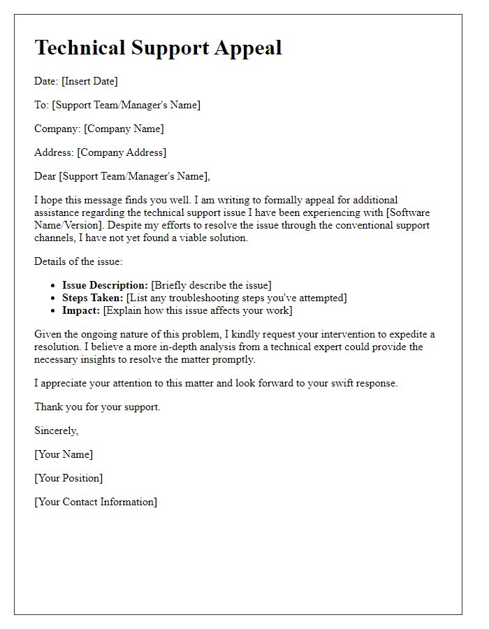 Letter template of software technical support appeal